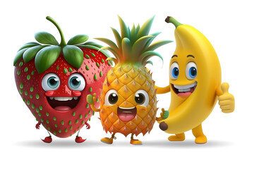 strawberry, ananas and banana cartoon characteres on white background