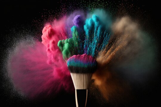  A Colorful Brush Is Being Thrown Into The Air By A Spray Of Colored Powder On A Black Background With A Black Background And A Black Background With A White Border And A Red And Blue.