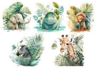Obraz premium Safari Animal set hippo, lion, giraffe, elephant and zebra in watercolor style. Isolated vector illustration