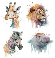 Obraz premium Safari Animal set zebra, lion, giraffe, hippo in watercolor style. Isolated vector illustration