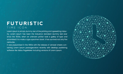 Blue futuristic time icon concept with polygon node connected dots and neon effect