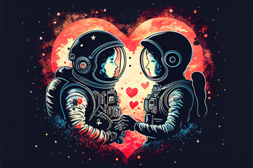 Astronaut couple in love on a valentines day date in space, generative ai