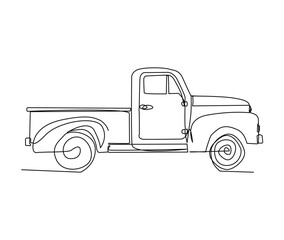 Continuous one line drawing of vintage truck. Simple retro pick up truck line art vector illustration.