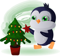 cartoon penguin decorates the christmas tree with cute glitter eyes