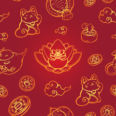 Vector seamless pattern with Chinese objects on the red background. Lucky cat, lotus, tea, coins. Symbols of luck.