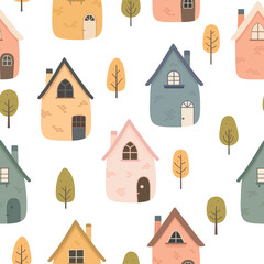 Cute houses, childish seamless pattern vector illustration. Cartoon scandinavian cityscape, Wallpaper for child fabric, for baby textile and nursery - 562137193