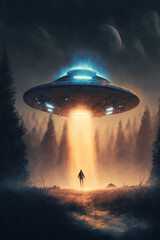 Flying saucer UFO abduction scene - obrazy, fototapety, plakaty