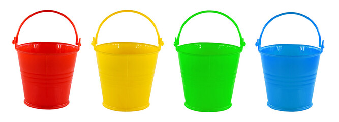 Four multi-colored buckets on a blue background. Small buckets red, yellow, blue, green. Farming or repair concept. Small Buckets for planting flowers or stationery - obrazy, fototapety, plakaty