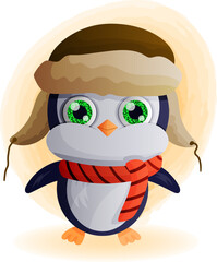 cartoon penguin in a hat and scarf with cute glitter eyes