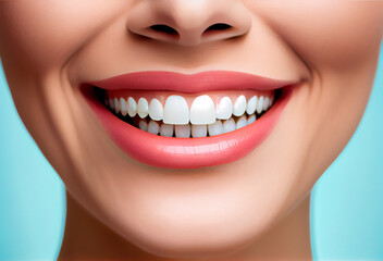 Beautiful wide smile of young woman with great healthy white teeth. Generative AI Art.