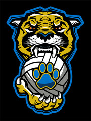 cougar mascot biting volleyball for school, college or league sports