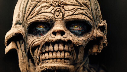 Fototapeta na wymiar ancient mummy skull on the roof