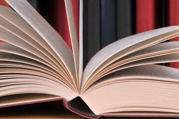 Livre ouvert en gros plan avec une rangée d'autres livres au second plan