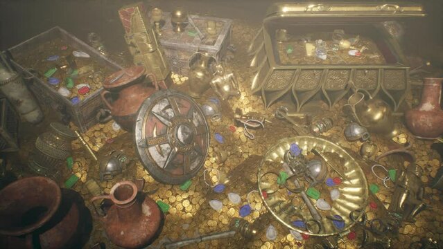 Ancient Treasures, Jewels, Chests full of Gold Coins 3D Animations Rendering CGI 4K
