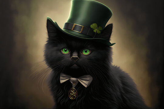  black cat in a green hat with gren eays generated ai