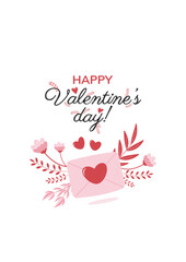 Cute Valentine's Day card with happy valentine's day with a love letter in pink and red colors. Vector