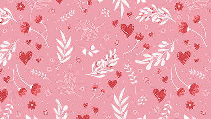 Horizontal background with seamless pattern for Valentine's Day, with hearts, flowers and vegetation. Vector
