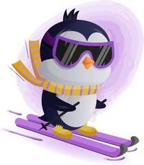 cartoon penguin skiing with cute glitter eyes