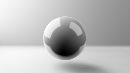 Glossy ball or sphere floating or hovering above ground in realsitic 3D studio interior, conceptual minimal background with copy space for text