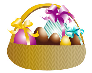 Panier d’œufs de Pâques en chocolat sur fond blanc