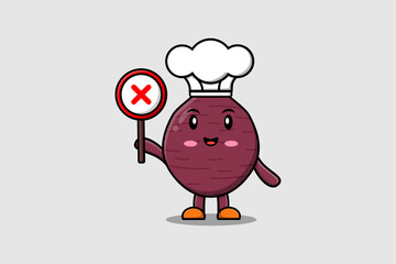 cute cartoon Sweet potato chef holding wrong sign board in vector character illustration