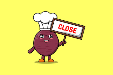 Cute cartoon Sweet potato chef character holding close sign board designs in flat cartoon style