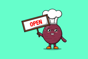 Cute cartoon Sweet potato character holding open sign board designs in concept flat cartoon style