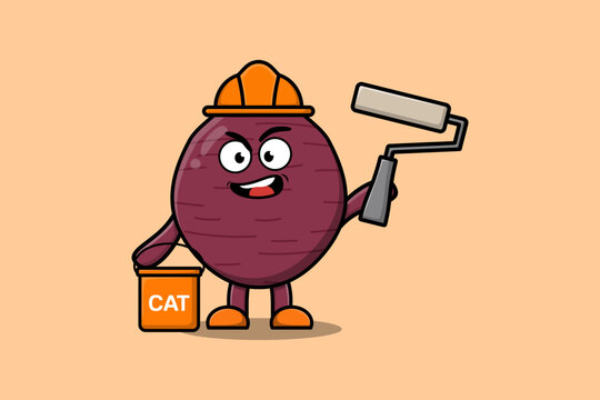 Cute cartoon Sweet potato as a builder character painting in flat modern style design illustration