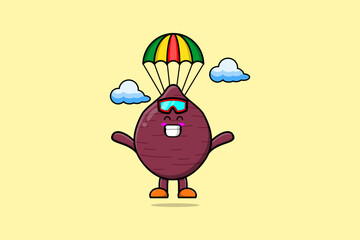Cute mascot cartoon Sweet potato is skydiving with parachute and happy gesture illustration