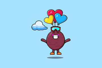 Cute cartoon Sweet potato mascot is skydiving with balloon and happy gesture modern style design