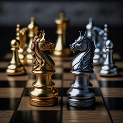 Fototapeta premium Gold and silver chess on chess board game for business metaphor leadership concept