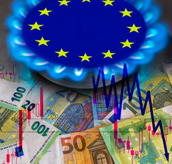 europe flag and hob burner of blue gas with euro cash banknotes on background, cost of gas, the...