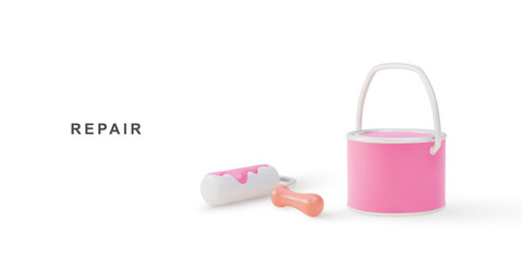 3d realistic Paint roller brush, Paint brush and paint cans. Vector illustration.