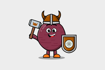 Cute cartoon character Sweet potato viking pirate with hat and holding sword and shield illustration