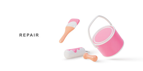 3d realistic Paint roller, Paint brush and paint cans. Vector illustration.