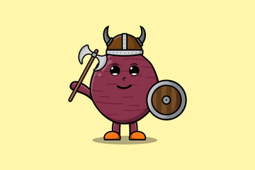 Cute cartoon character Sweet potato viking pirate with hat and holding sword and shield illustration