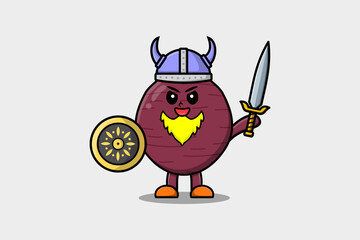 Cute cartoon character Sweet potato viking pirate with hat and holding sword and shield illustration
