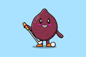 Cute cartoon Sweet potato character playing golf in concept flat cartoon style illustration