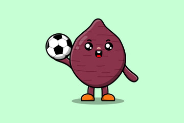 Cute cartoon Sweet potato character playing football in flat cartoon style illustration