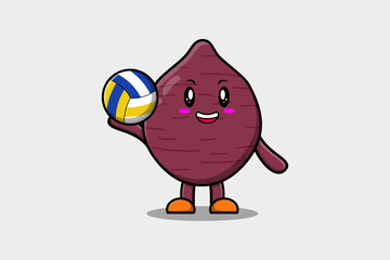 Cute cartoon Sweet potato character playing volleyball in flat cartoon style illustration