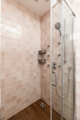 Photo of a bathroom in pastel colors with the lights on