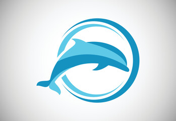 Dolphin in a circle. Fish logo design template. Seafood restaurant shop Logotype concept icon.