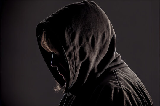 Faceless Person Wearing Black Hoodie Hiding Face In Shadow, Mystery Crime Conspiracy Concept