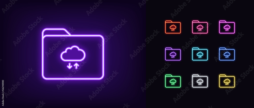 Poster outline neon file folder icon set. glowing neon folder frame with cloud data update arrows. remote b