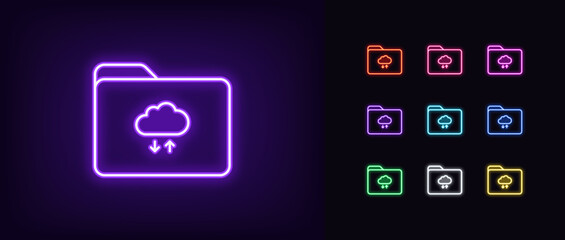 Outline neon file folder icon set. Glowing neon folder frame with cloud data update arrows. Remote backup folder, cloud storage and network repository for digital document exchange.
