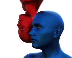 3d render. Portrait of a blue bald man upside down and a red bald woman on a white background. 
