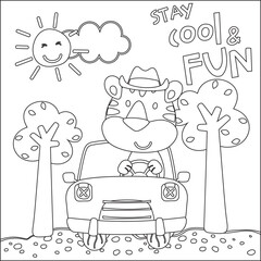 Vector illustration of funy tiger driving the white car. Childish design for kids activity colouring book or page.