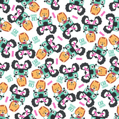 Seamless pattern vector of monster truck with little lion driver. Creative vector childish background for fabric textile, nursery background, baby clothes, wrapping paper and other decoration.