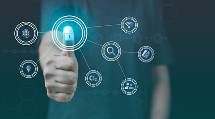 Cybersecurity privacy protect data concept. Business, technology, internet, networking. Personal data with business icon on screen digital security unlock or encryption ,secure login authorization.