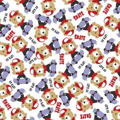 Seamless pattern with cute little bear on skate board, For fabric textile, nursery, baby clothes, background, textile, wrapping paper and other decoration.